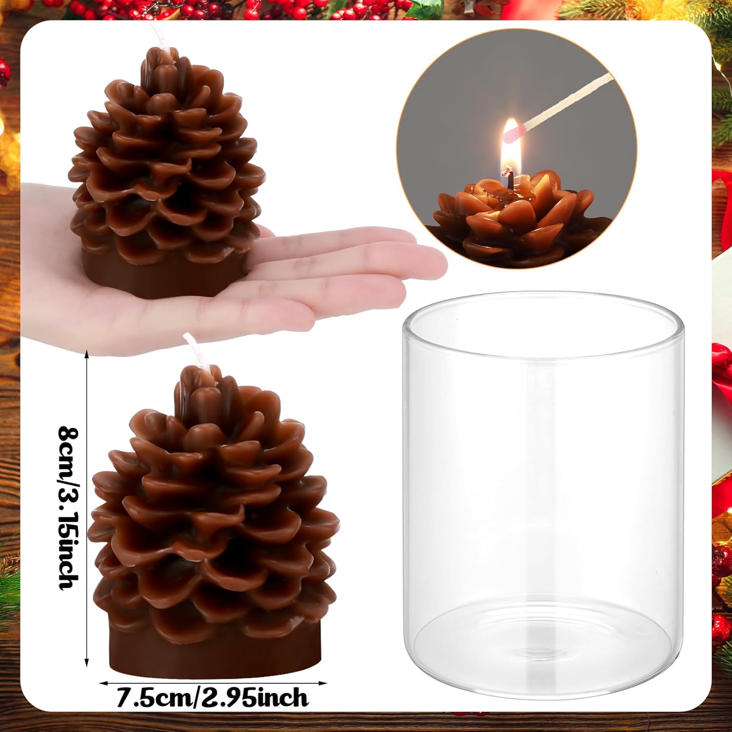 Riakrum 6 Set Christmas Pine Cone Candles Acorn Decor with Straight Glass Container Real Wax Unscented Candle for Thanksgiving Christmas Winter Holiday Decoration