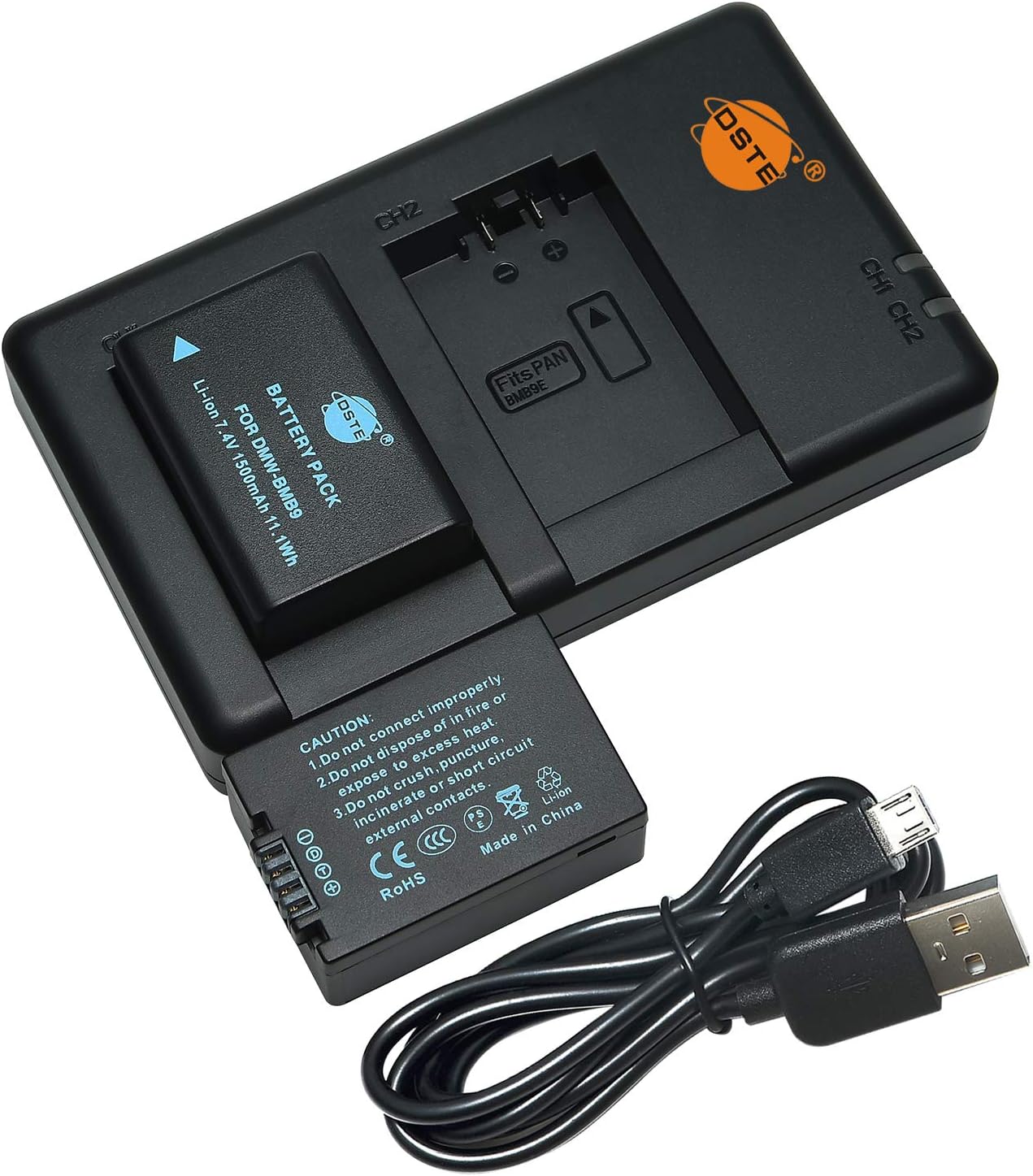 DSTE Replacement for 2X DMW-BMB9E BMB9 Battery + Rapid Dual Charger with Micro USB Cable Compatible Panasonic Lumix DMC-FZ40 FZ45 FZ47 FZ48 FZ60 FZ62 FZ70 FZ72 FZ80 FZ100 FZ150 as BP-DC9