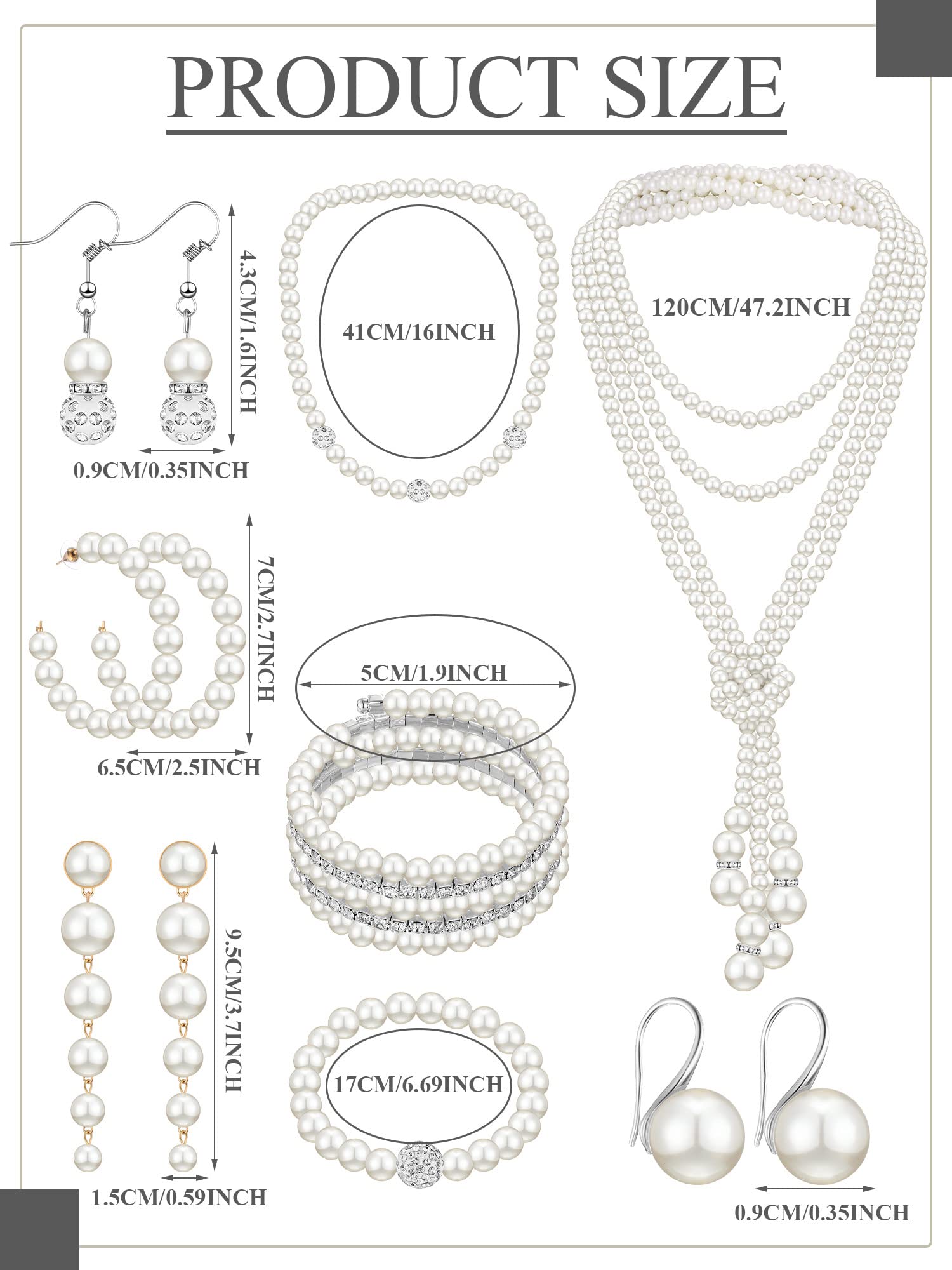 BBTO 8 Pcs Pearl Necklace and Earrings Set for Women Pearl Bracelets Costume Jewelry Set for Wedding Bridal Halloween Party