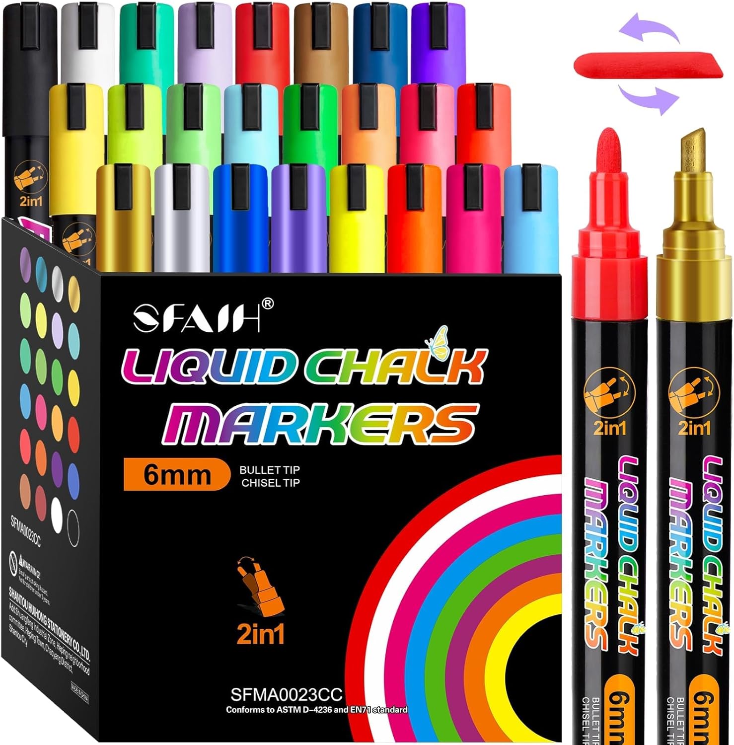 SFAIH 24 Vibrant Chalk Markers for Blackboard [1s Wet Wipe] - No Residue, 6mm Chalk Markers for Chalkboard Calendar, Glass, Window, Menus, Labels, Signs, Car, Non-Toxic, Ideal for Bistro Home