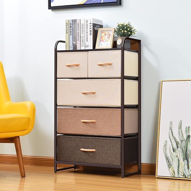 KINGRACK Chest of Drawers with 5 Storage Drawers, Tall Dresser with Wood Top, Sturdy Steel Frame & Easy Pull Handle, Large Fabric Drawer Storage Sideboard for Bedroom, Living Room, Hallway, Brown