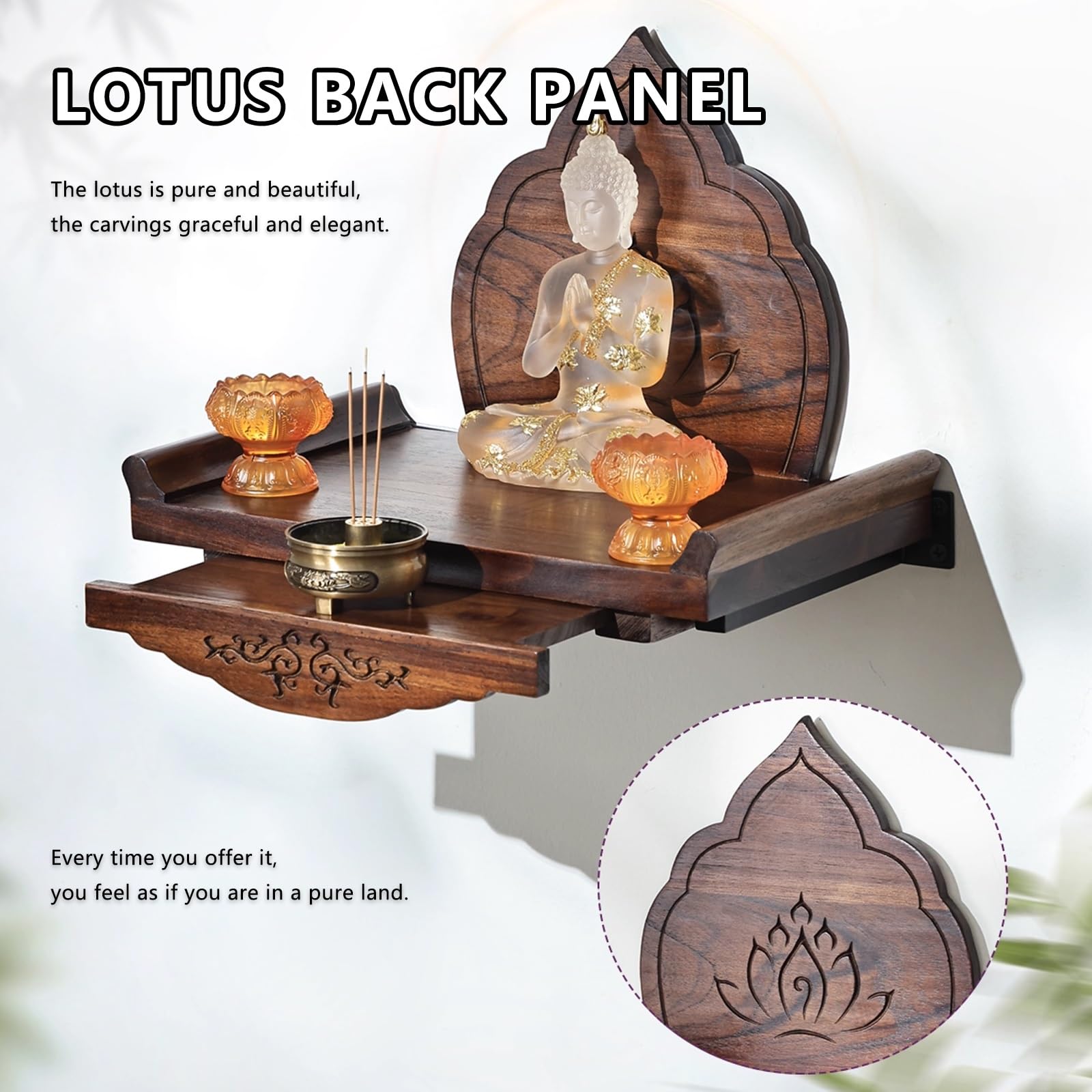 Tavolo da altare Buddha, mensola da parete con schienale, tavoli Puja con cassetto, stile moderno, per camera da letto, soggiorno, ufficio
