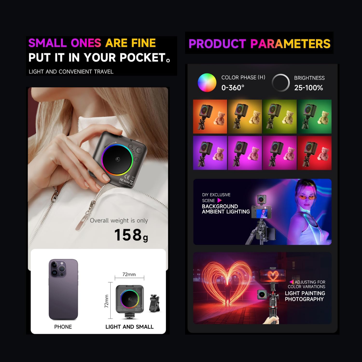 FORGERAY D12S Small Clip-on LED Phone Light, Portable RGB Video Light for Phone Camera, 2500K-9000K CRI95 Rechargeable Fill Light with 10 Dynamic Effects for Vlogging Streaming TikTok YouTube