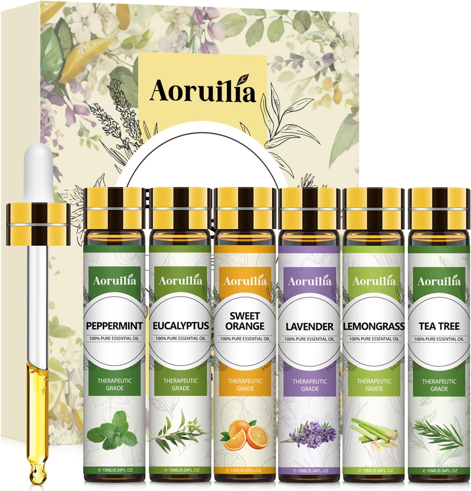 6 x 10ml Essential Oils Set, Premium Aromatherapy Oil for for Diffuser, Home Fragrance, Soap & Candle Making, Cleaning - Tea Tree, Lavender, Peppermint, Sweet Orange, Lemongrass, Eucalyptus