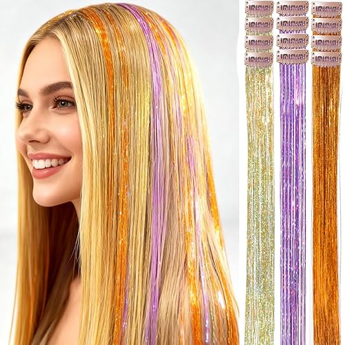 Gold Purple Orange Iridescent Hair Extensions,Clip in Hair Tinsel,23 Inch