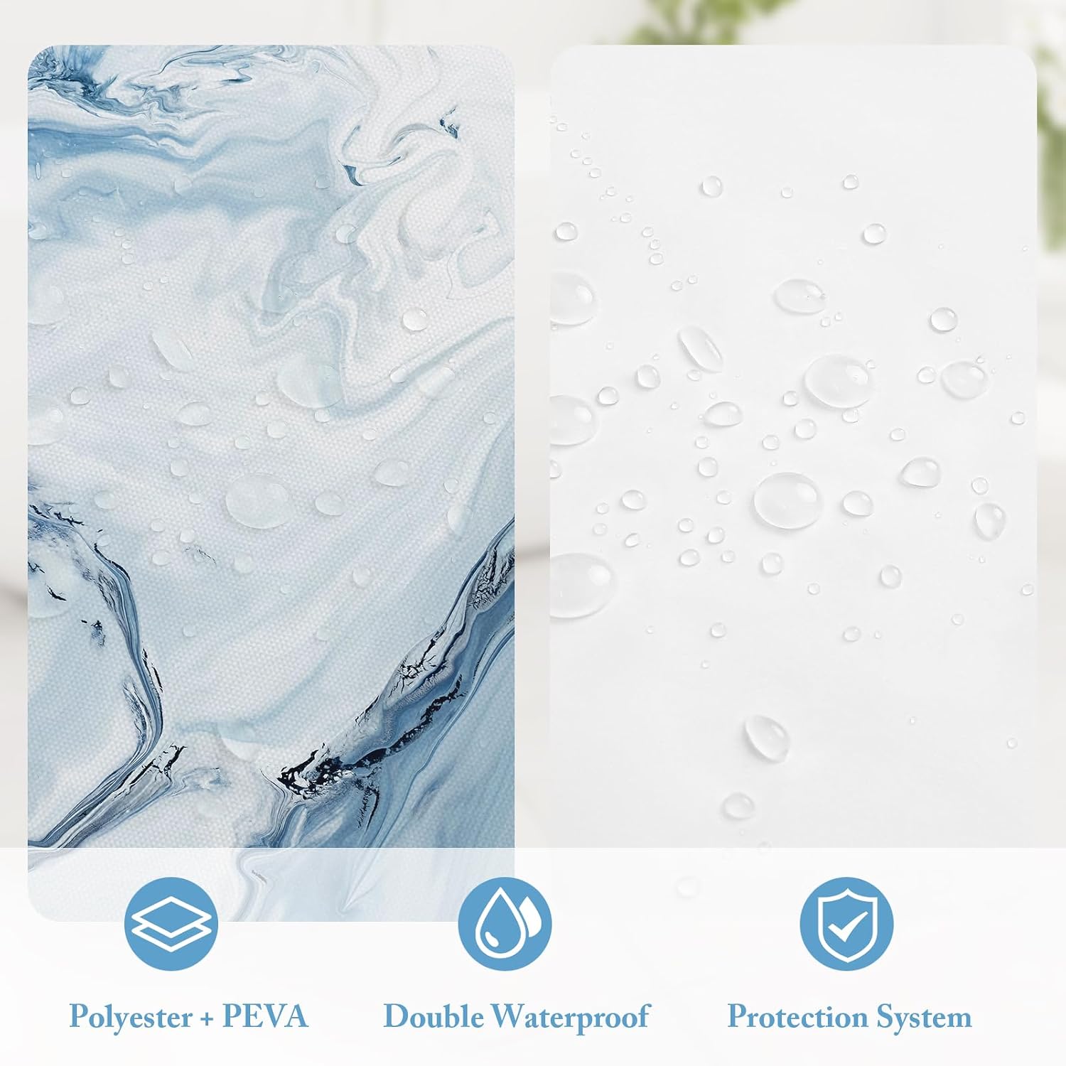 3 in 1 Blue Marble Shower Curtain Set, Modern Ripple Shower Curtain and PEVA Liner Set with 12 Stainless Steel Shower Curtain Hooks, Waterproof Fabric Shower Curtains for Bathroom, 72 W x 72 H