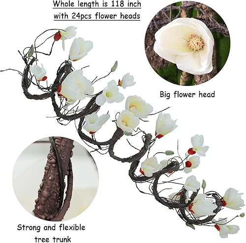 CONGZHANHH Guirnalda de orquídeas artificiales de magnolia de 118 pulgadas, guirnalda de ramas de árbol falsas, tronco con corona de flores para