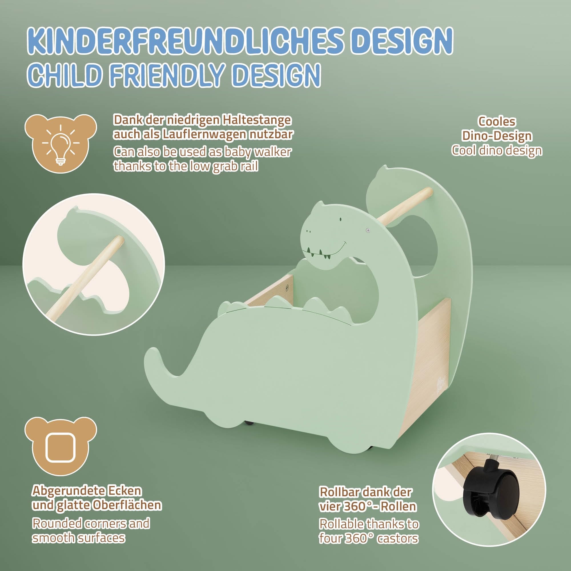 Joyz Coffre à Jouets en Bois, Design Dino, 57x31,5x49 cm, Vert-Nature, Bibliothèque avec Espace Ouvert, Chariot à roulettes, Boîte avec Espace de Rangement, Trotteur Pratique pour Chambre d'enfant
