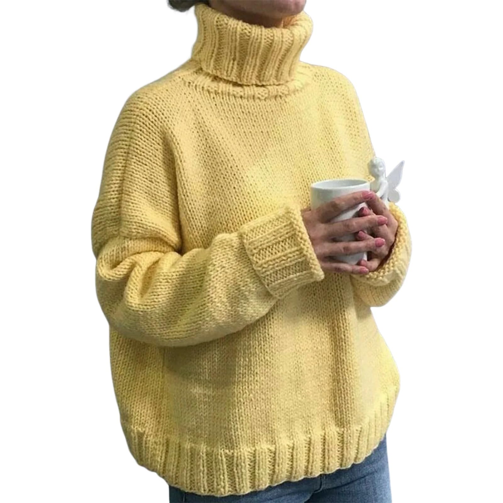 Womens 2025 Fall Turtleneck Oversized Sweaters Sweet Yellow Long Sleeve Chunky Knit Pullover Tops Fashion Clothes