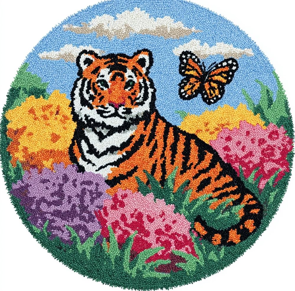kitphoenix Round Latch Hook Kit Tiger and Butterfly
