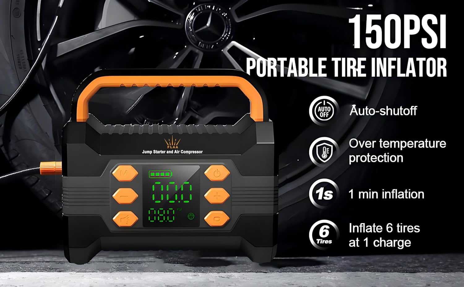 FLAA Jump Starter with Air Compressor 6000A, Portable Car Battery Booster, Jumper, 150PSI Tire Inflator, Power Pack, USB-C Quick Charge, for 12V Cars, Trucks, SUVs, 8.5L Gas/6.5L Diesel - Image 3