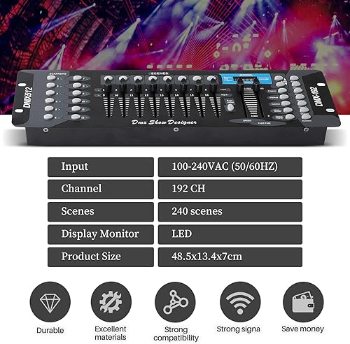 Miniatura 5 de Controlador DMX 192 DMX 512 para luces de DJ, consola DMX controlador de luz de escenario para espectáculos de luz, DJs, fiesta, discoteca, pub,