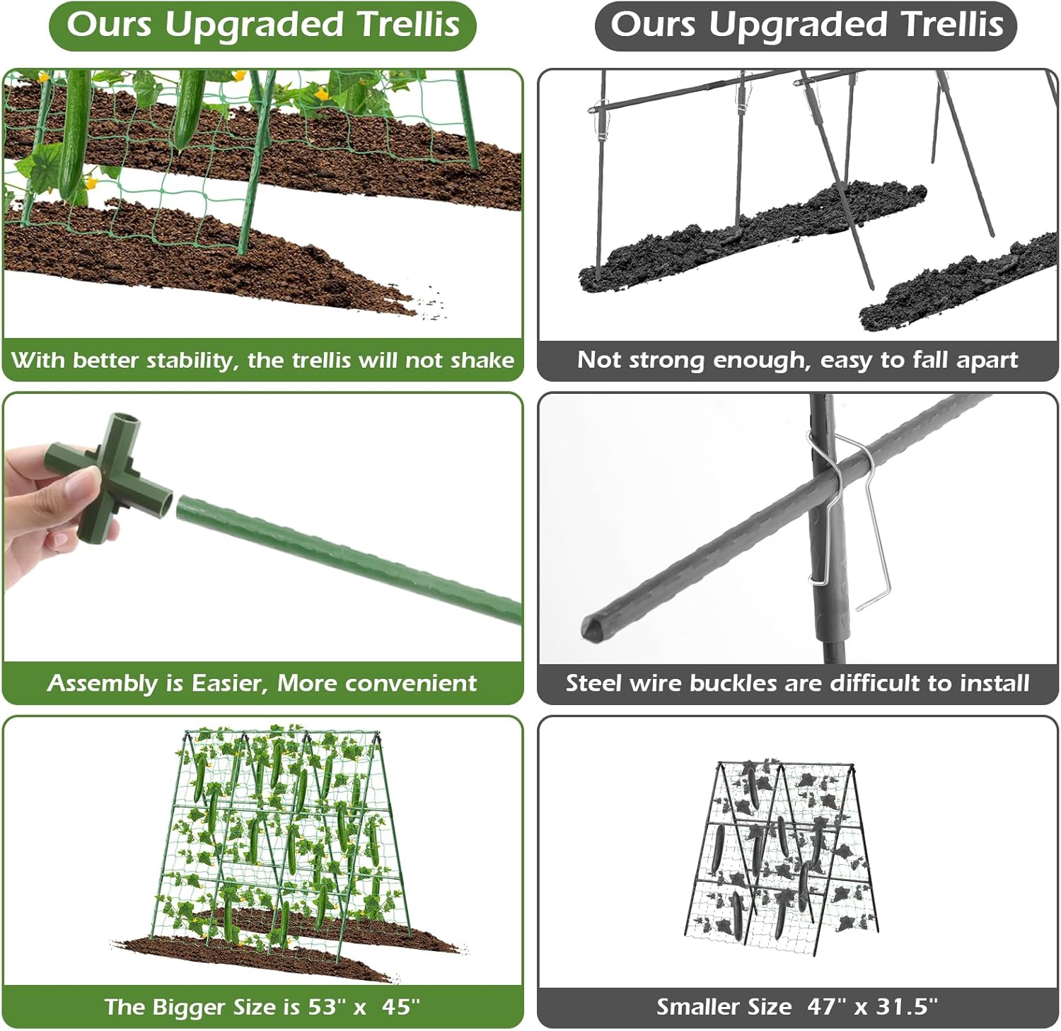 Cucumber Trellis for Raised Beds, 45 x 53 Inch Adjustable Size A-Frame Garden Trellis for Climbing Plant Outdoors with Climbing Net and Plant Support Clip for Vegetable Grape Tomato Bean Pea