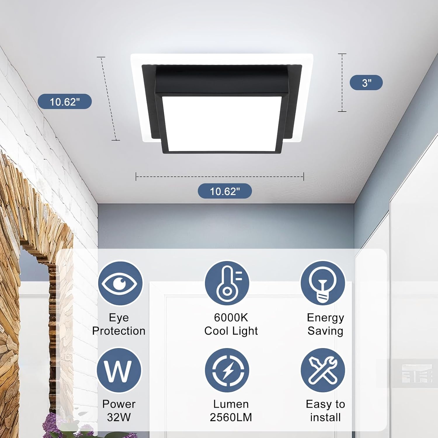 EIDISUNY 32W Hallway Ceiling Light, Kitchen Ceiling Light, 6000K Cold White Flush Mount Ceiling Lamp, Square Modern LED Lighting Fixtures for Living Room Bedroom Bathroom Kitchen