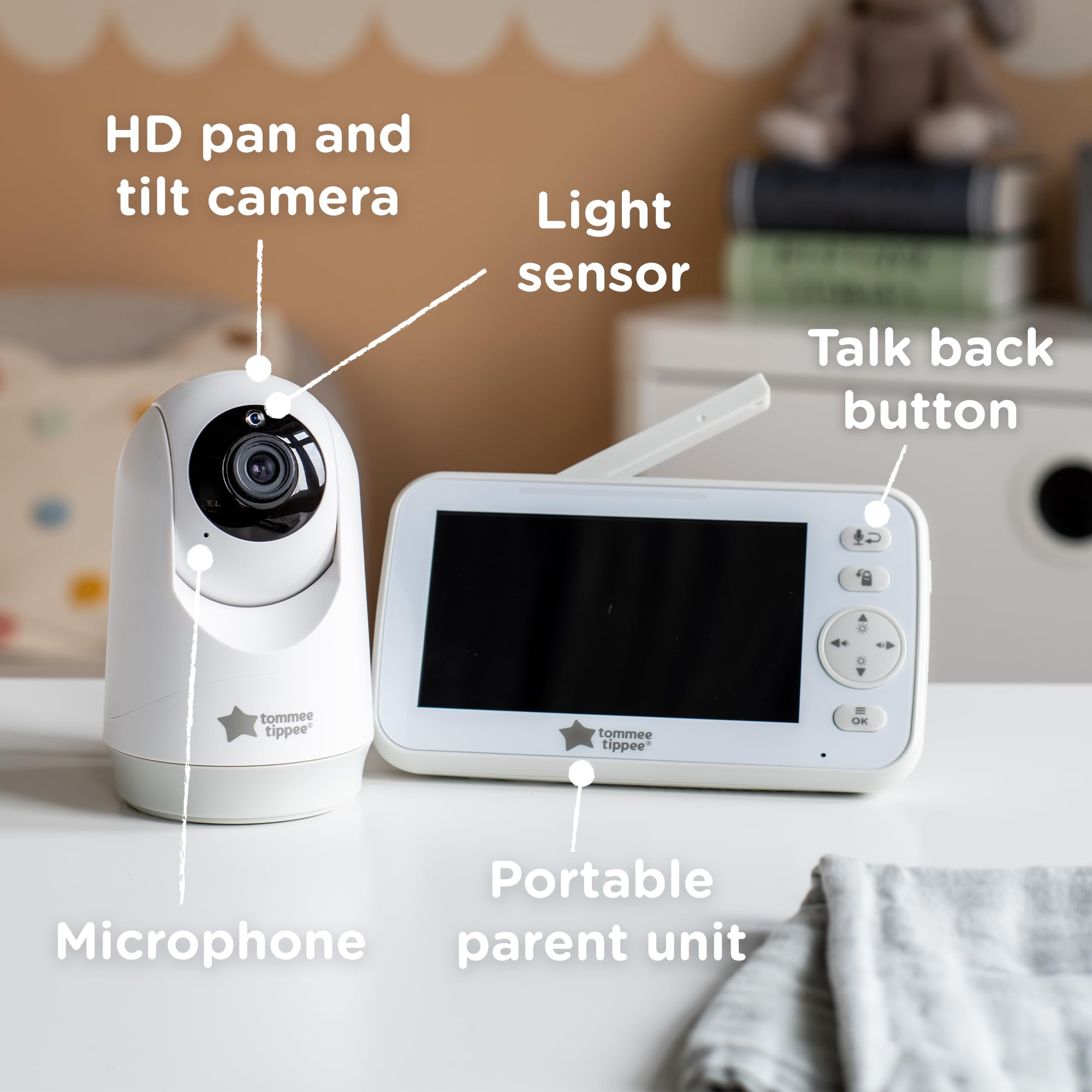Tommee Tippee Dreamview elektroniczna niania audio i wideo HD z kamerą noktowizyjną i kojącymi dźwiękami, ładowana przez USB, przenośna, 5-calowa jednostka nadrzędna o zasięgu 250 m