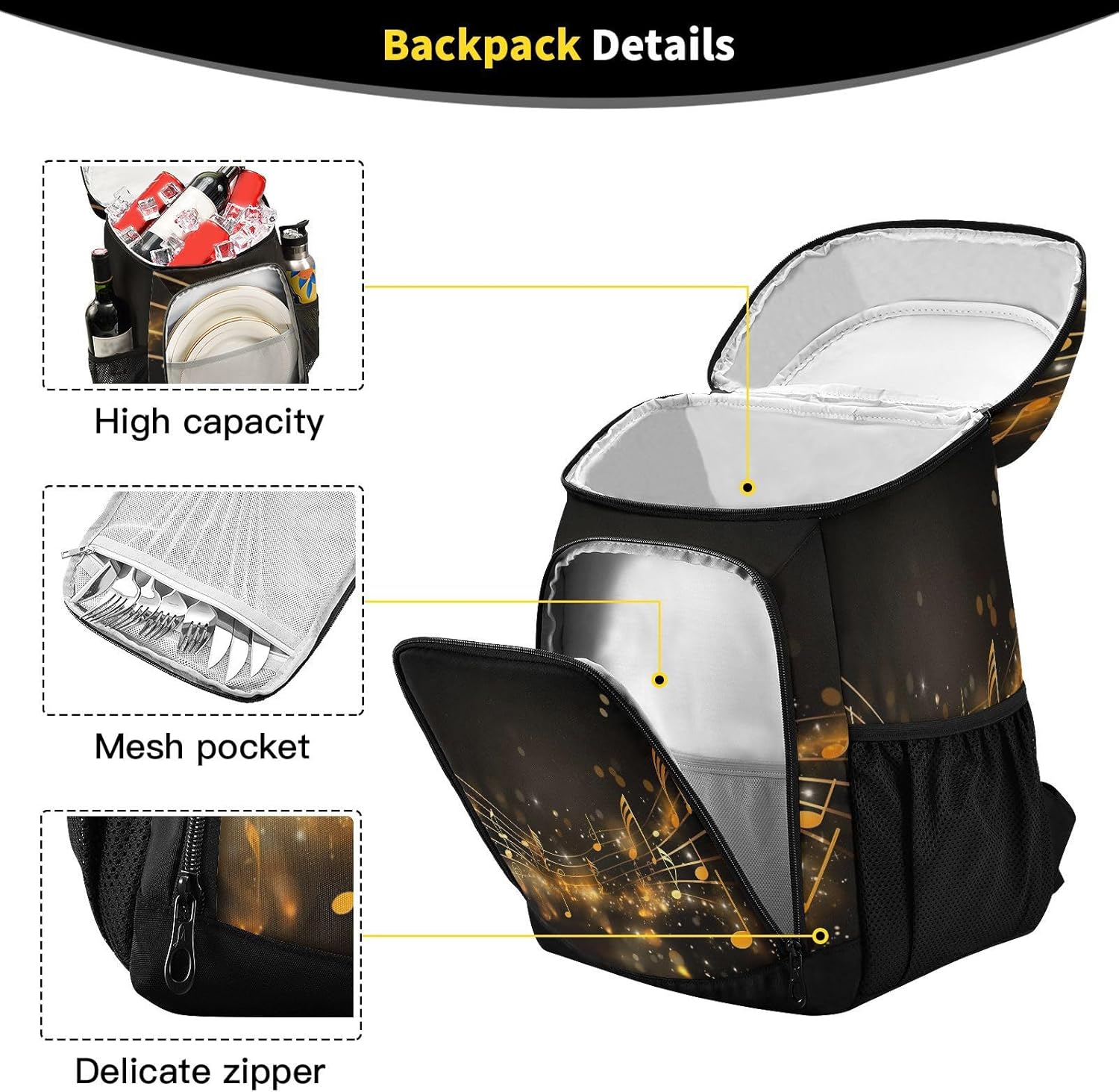 Music Note Gold Black Cooler Backpack 36 Cans Leakproof Waterproof Backpack Cooler Bag Beach Accessories Travel Camping Fishing Backpack for Women Men