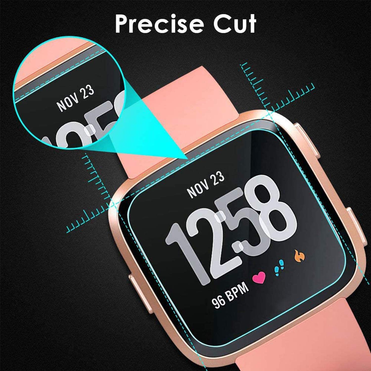 QIBOX Screen Protector Compatible with Fitbit Versa & Versa Lite (Not for Versa 2), 3-Pack Waterproof Tempered Glass Screen Protector for Versa Smart Watch [Ultra Clear/Scratch Resistant/Anti-Bubble]