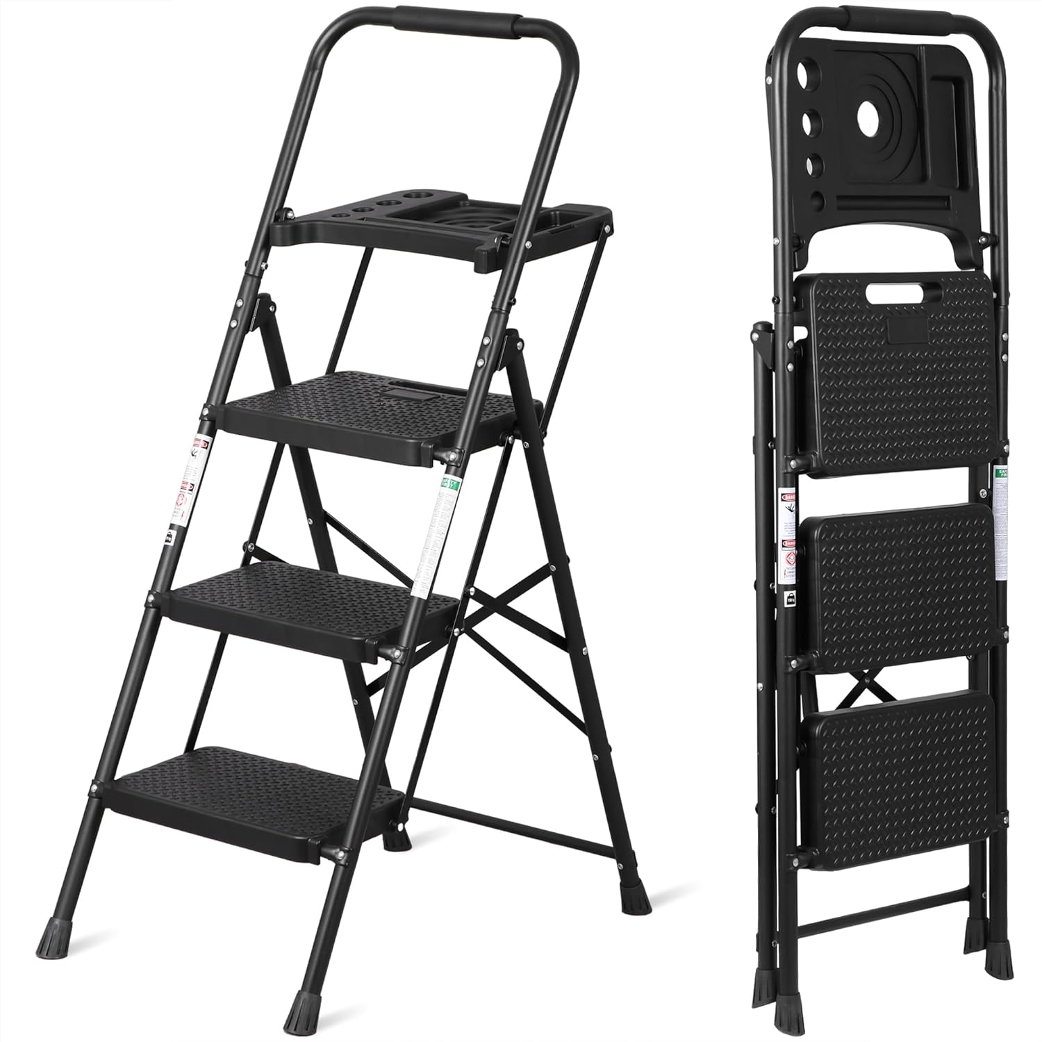 Smartxchoices 3 Step Ladder with Tool Tray, Folding Step Stool with Wide Anti-Slip Pedal and Handgrip, Heavy Duty Steel Step Ladder for Home Kitchen Office Shop, 330 lbs Load Capacity, Black