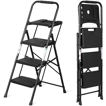 3 Step Ladder with Tool Tray, Folding Step Stool with Wide Anti-Slip Pedal and Handgrip, Heavy Duty Steel Step Ladder for Home Kitchen Office Shop, 330 lbs Load Capacity, Black