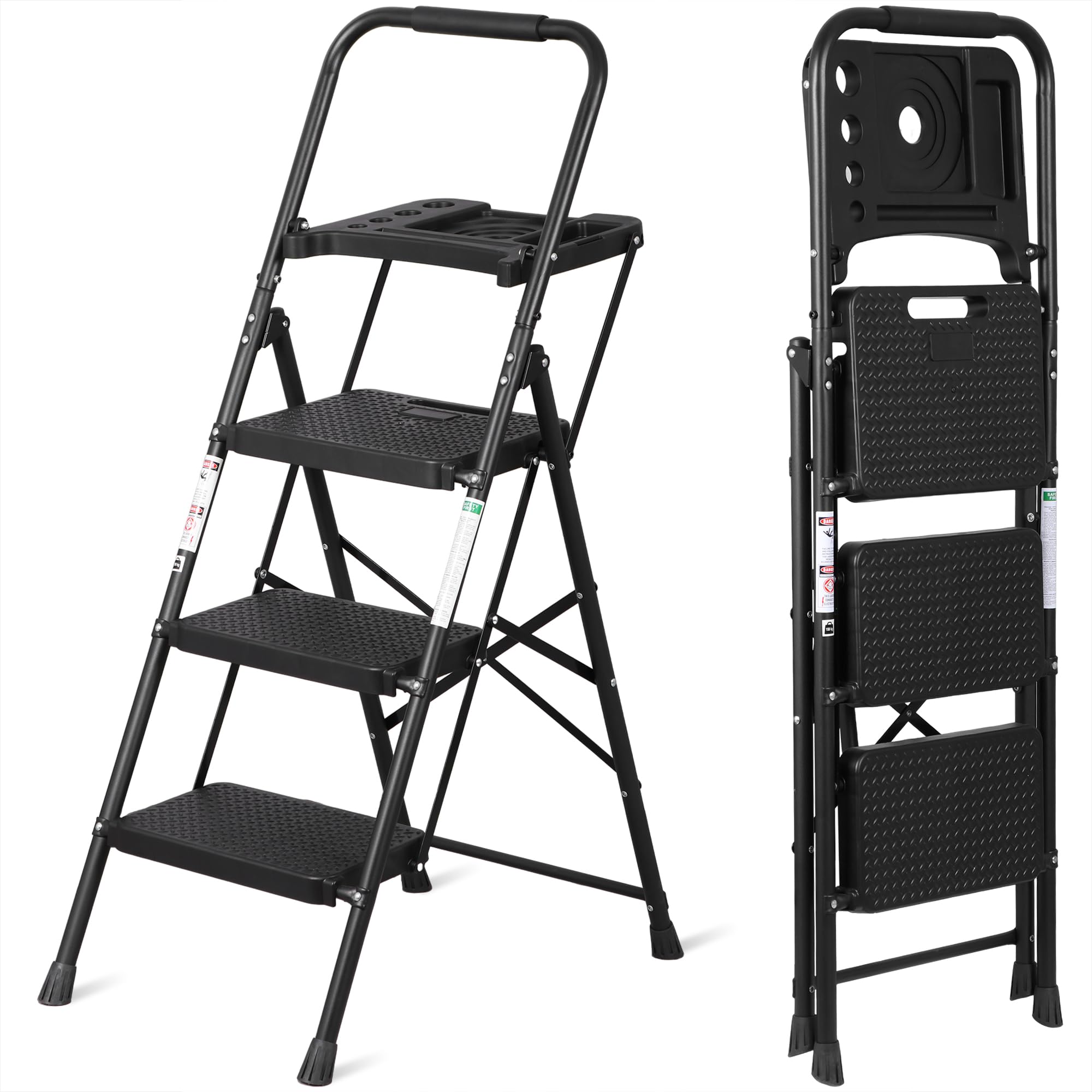 ZENY 3 Step Ladder, Folding Step Stool for Adults, Portable Steel Ladder with Tool Platform, Wide Anti-Slip Pedal, Safety Locking, Lightweight (Black)