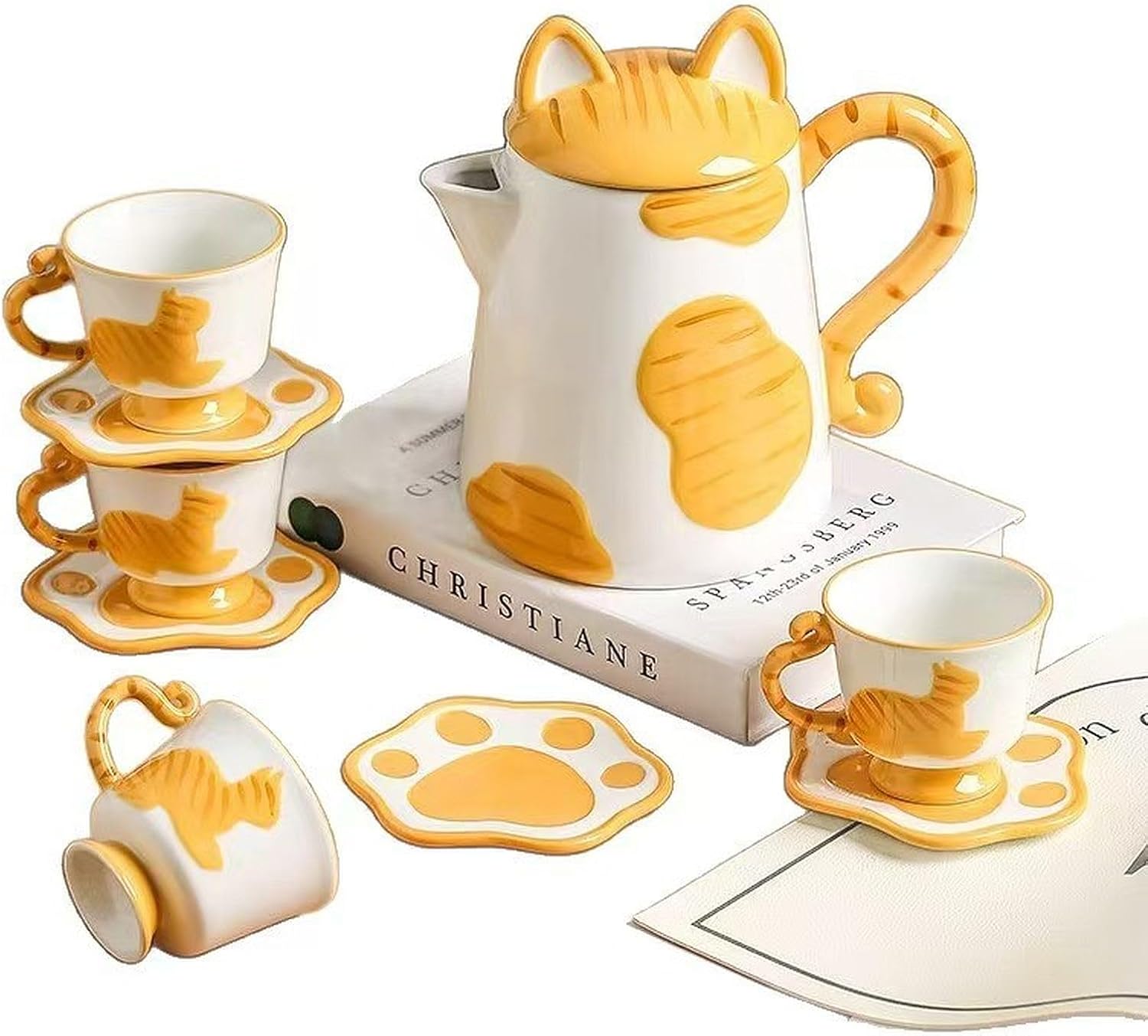 Porcelain Tea Set(1 Pot 4 Cups), Afternoon Tea Set, Suitable for Birthdays, Mother's Day, Christmas (Yellow Cat)