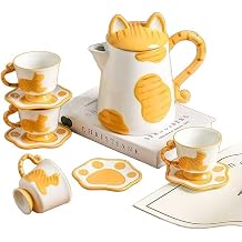 Porcelain Tea Set1 Pot 4 Cups, Afternoon Tea Set, Suitable for Birthdays, Mother's Day, Christmas Yellow Cat