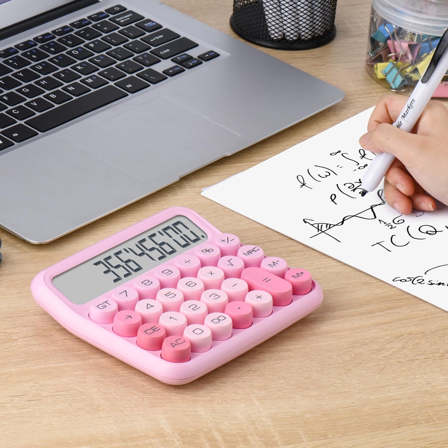 Mechanical Switch 12-Digit Pink Calculator - Large LCD Display, Big Buttons, Desktop, Cute, For Everyday Use image 4