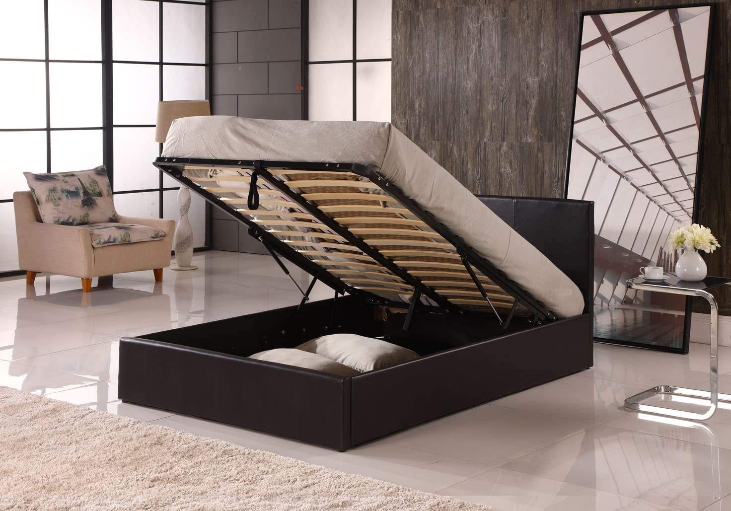 MODERNIQUE Bilancio Ottoman Storage Dark Brown Faux_Leather Siingle Sized (3FT) Bounce Sprung Slats Base, Gas Lift up End Up Fabric Covered Floor Massive Storage Bed (Brown, Single (3FT))