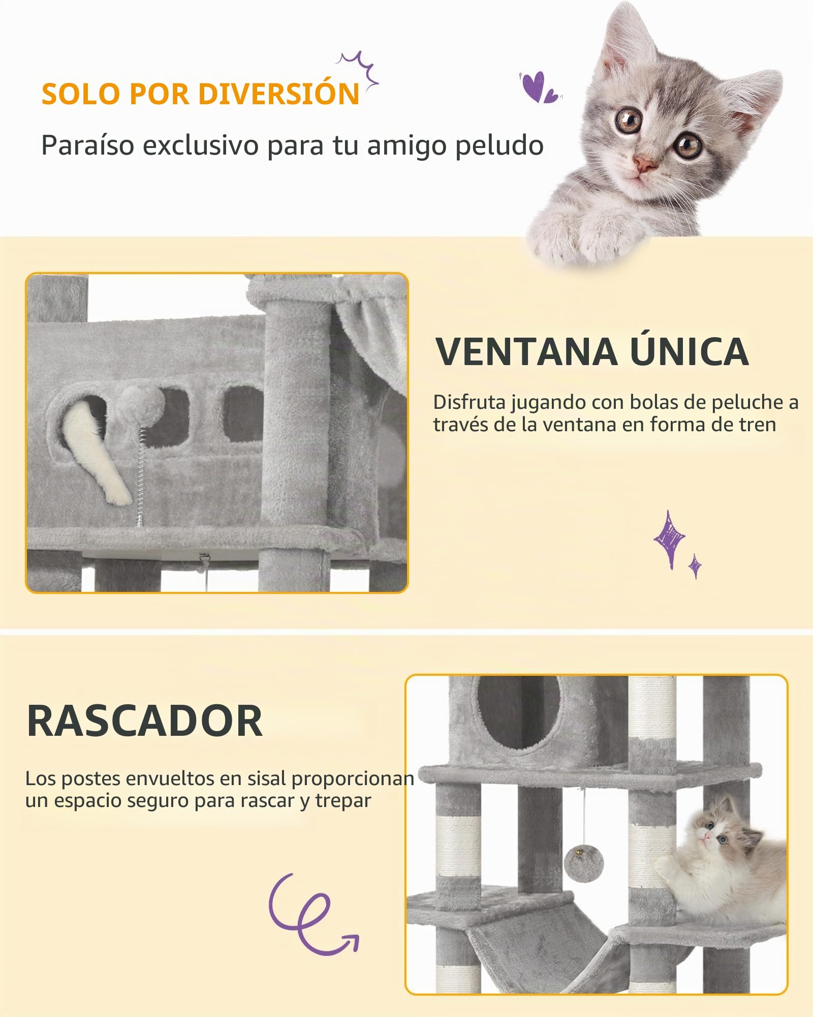 Hzuaneri 170cm Rascador para Gatos, Árbol para Gatos, 2 Cuevas, Plataforma, 1 Hamaca, 1 Cesta, 3 Pompones, L(50 x 40 x 170 cm), Gris Claro MS17018LG