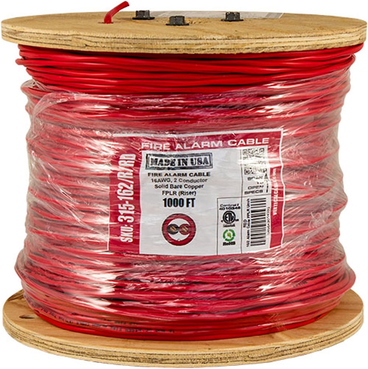 Vertical Cable Fire Alarm Cable, 16 AWG, 2 Conductor, Solid, Unshielded, FPLR (Riser), 1000ft Spool, Red - Made in USA