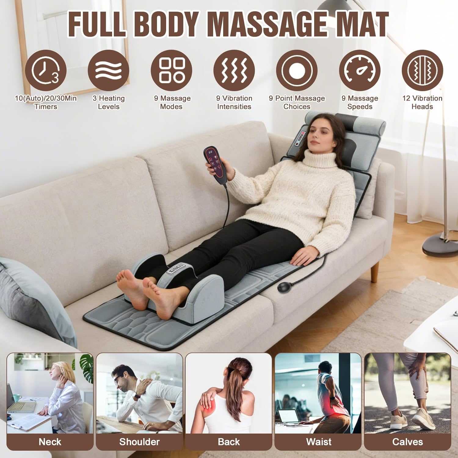 Full Body Massage Mat with Heat, Detachable Neck Massager & Foot Massager, Full Body Vibration Massage Mats with Lumbar Pillow, 9 Vibration 3 Timer Settings, Gift for Men Women