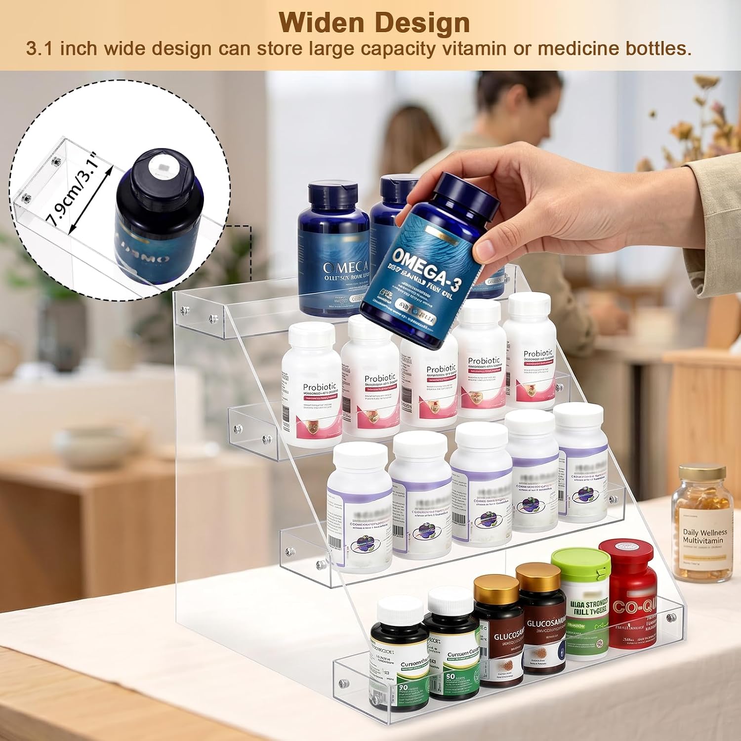 BSTKEY 4 Tier Vitamin Bottles Organizer, Acrylic Widen Tiered Tray for Medicine Bottle Prescription Bottles, Pill Bottle Organizer, Spice Rack Shelf Vanity Storage for Cabinet Kitchen Countertop