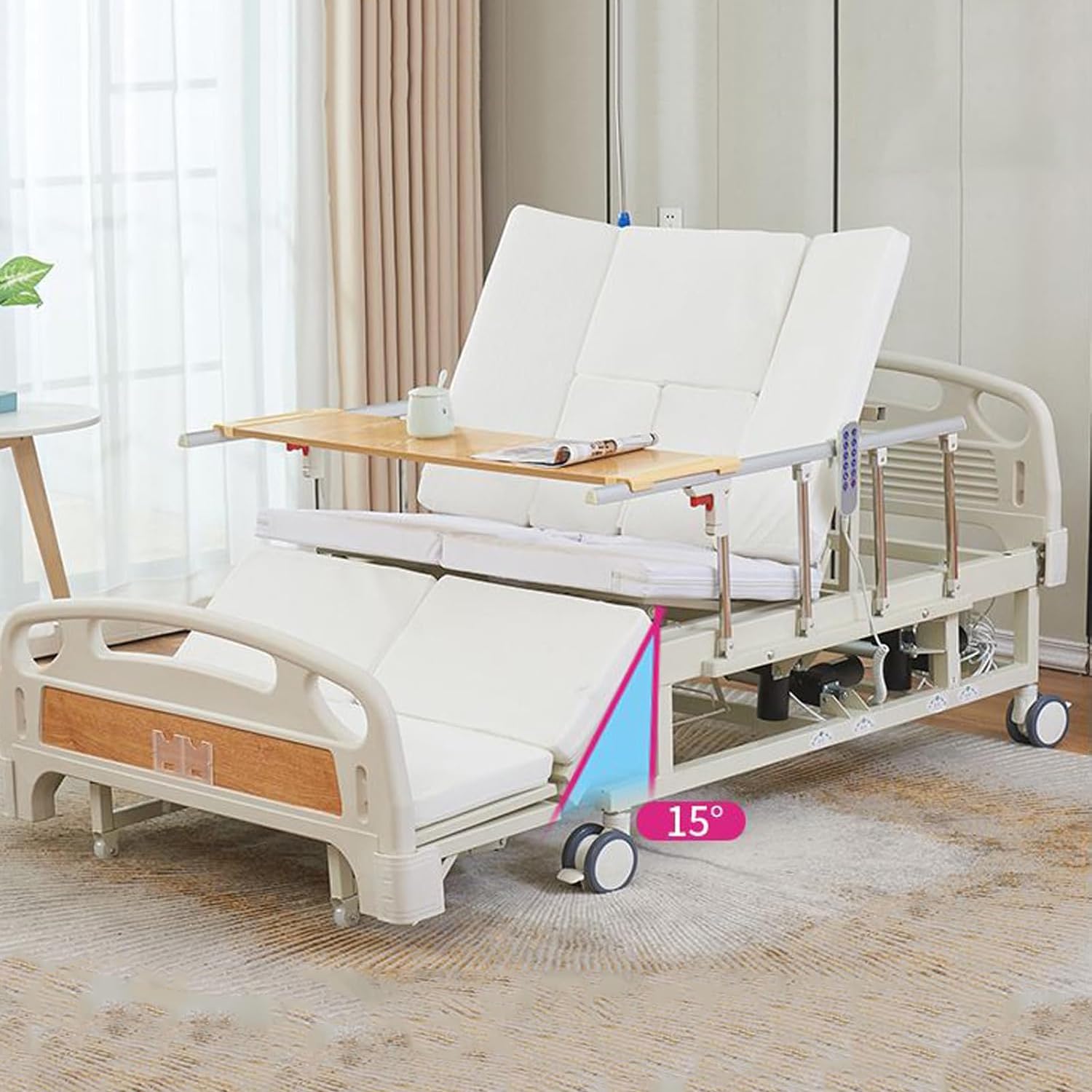 10-Funktionen-Voll‑elektrisches Pflegebett mit Seitenneigung, Krankenhausbett mit Matratze, Verstellbaren Seitengittern, Esstablett, Infusionsständer, Bettpfanne, Feststellrollen, Tragkraft bis 250 kg