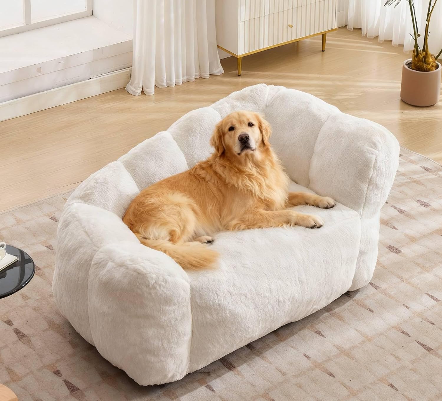 Dog Sofa Couch Bed, 51" Floral Shaped Dog Couch with Memory Foam Filled for Living Room, Bedroom (Beige)