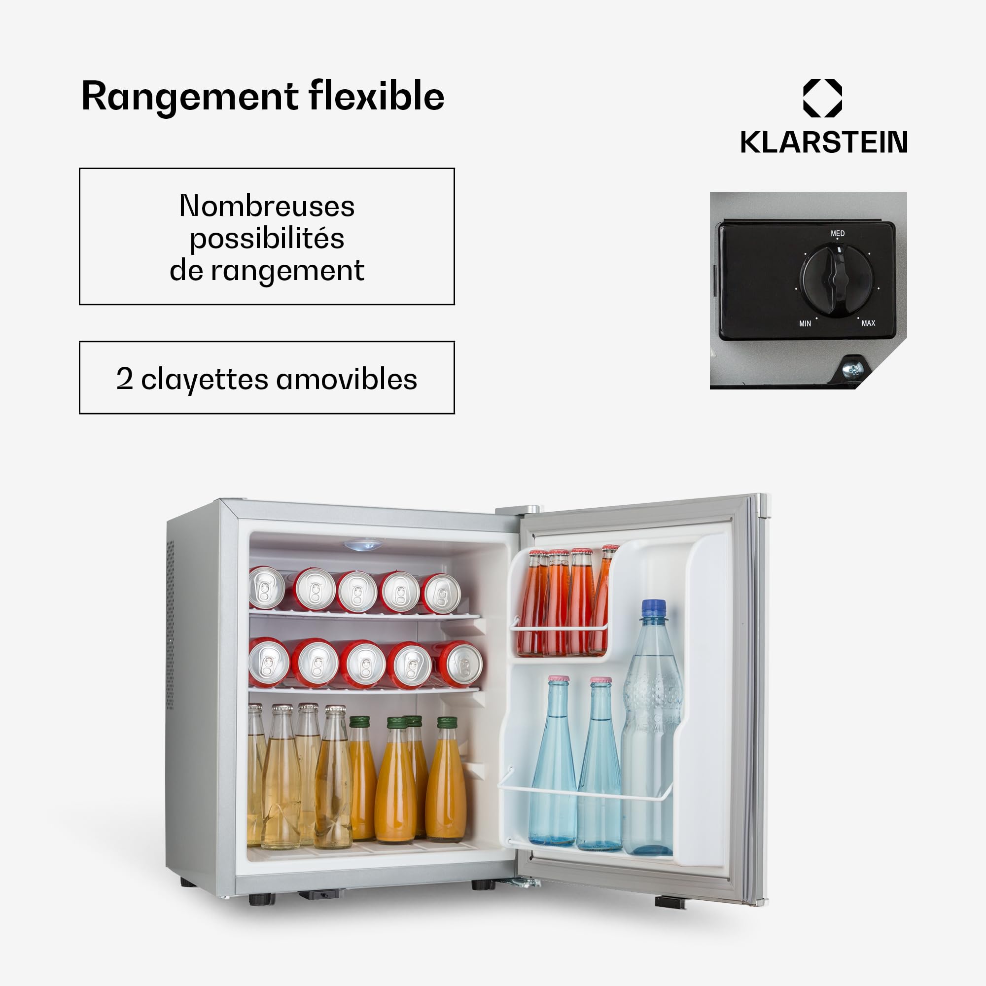 KLARSTEIN mini réfrigérateur silencieux pour chambre, boissons, snacks et cosmétiques, étagères réglables