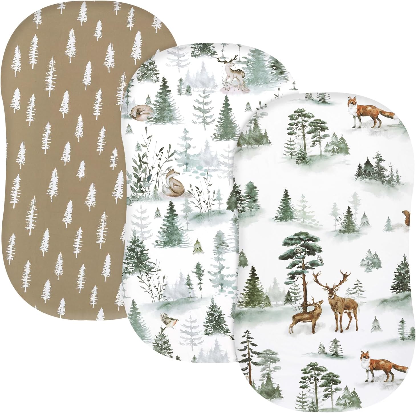 PHF 3 Pack Soft Bassinet Sheets, Woodland Breathable Comfy Cradle Sheets for Baby Boys Girls Neutral, No Slip Universal Fit for Most Cradle and Bassinet Mattress, WoodlandOEKO-TEX STANDARD 100