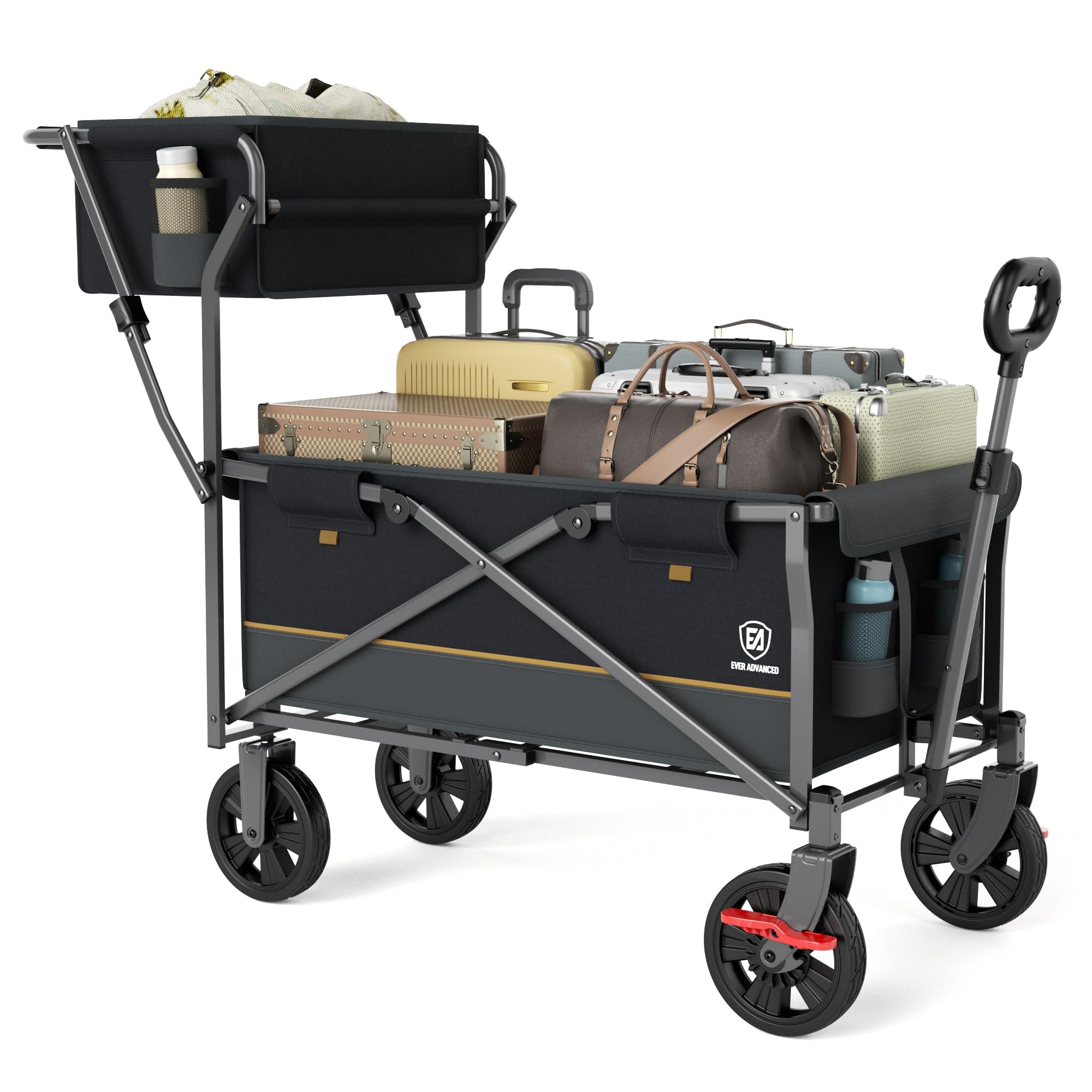 EVER ADVANCED Carro de Transporte Plegable Empujar&Tirar con Freno, Cesta de Compra, portavasos, Bolsillo Lateral, Carrito Plegable, Carro Playa hasta 100kg para Camping, Playa, Compras