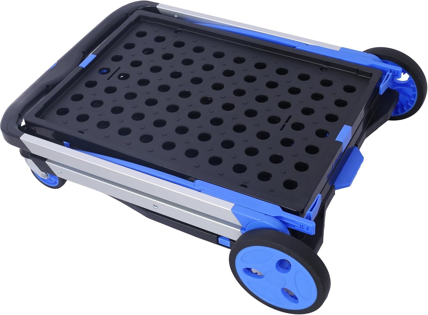 Collapsible 2-Tier Utility Cart with Basket, Heavy-Duty Folding Shopping Cart with 360° Swivel Wheels Foot Brake, Portable Grocery Trolley for Shopping, Travel, and Home Use (Blue)