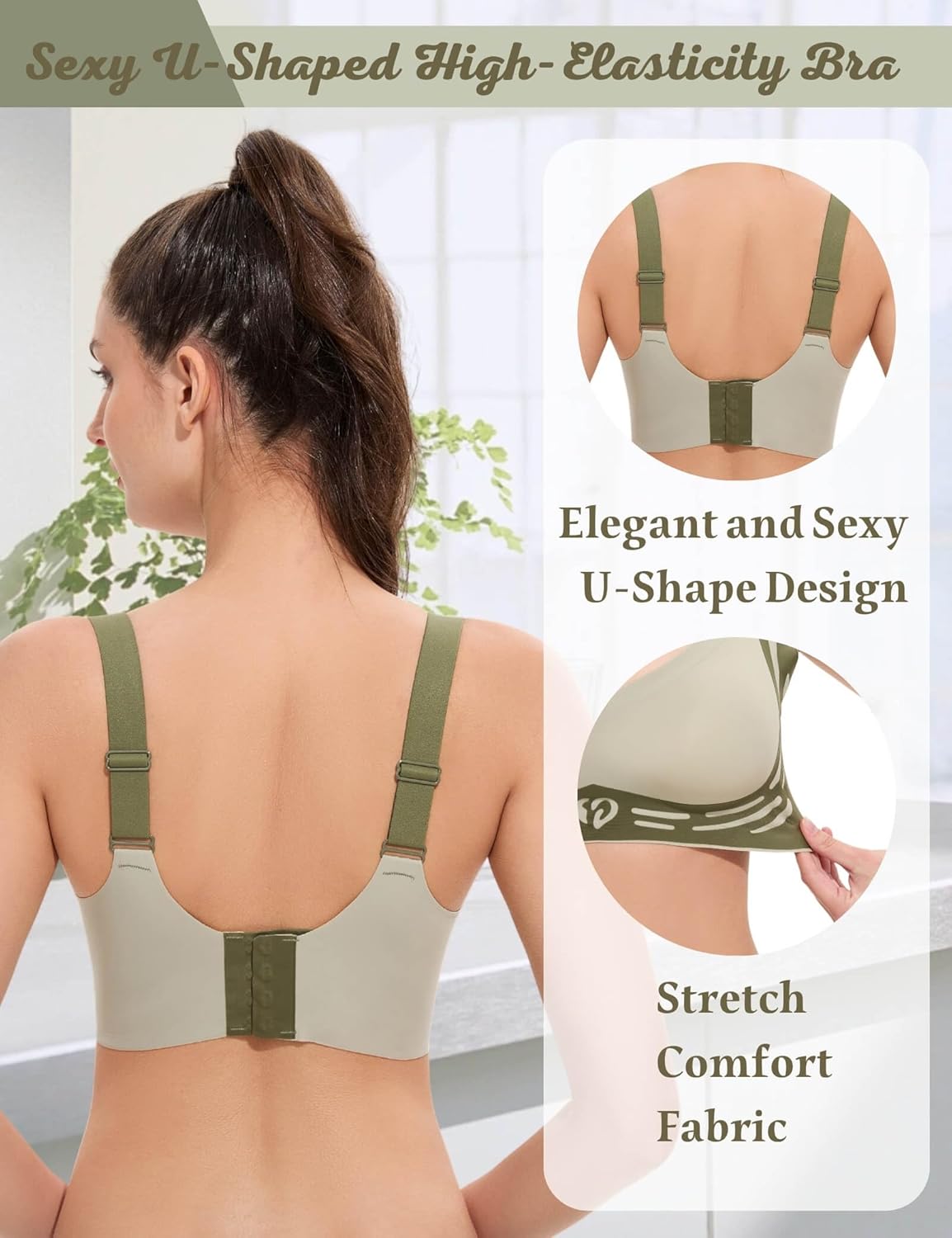 Bras for Women No Underwire, Womens Push Up Bras Wireless, Comfortable Bra Supportive Bralettes Plunge Seamless Bra, Green L - Image 3