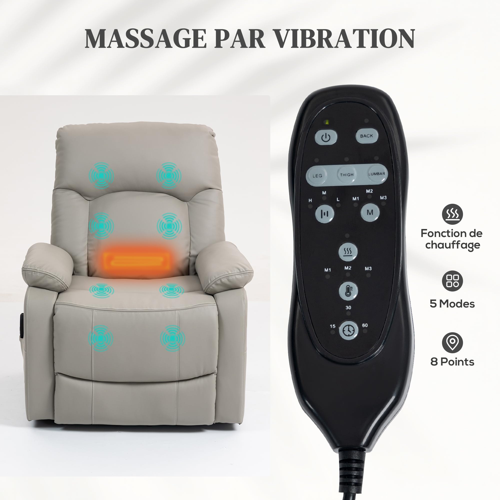 HOMCOM Fauteuil releveur électrique avec Fonction Massage et Chauffage, Fauteuil Relax électrique, Dossier inclinable, Ports USB, télécommande, Coussin à Ressorts, Repose-Pied et Poche latérale, Gris