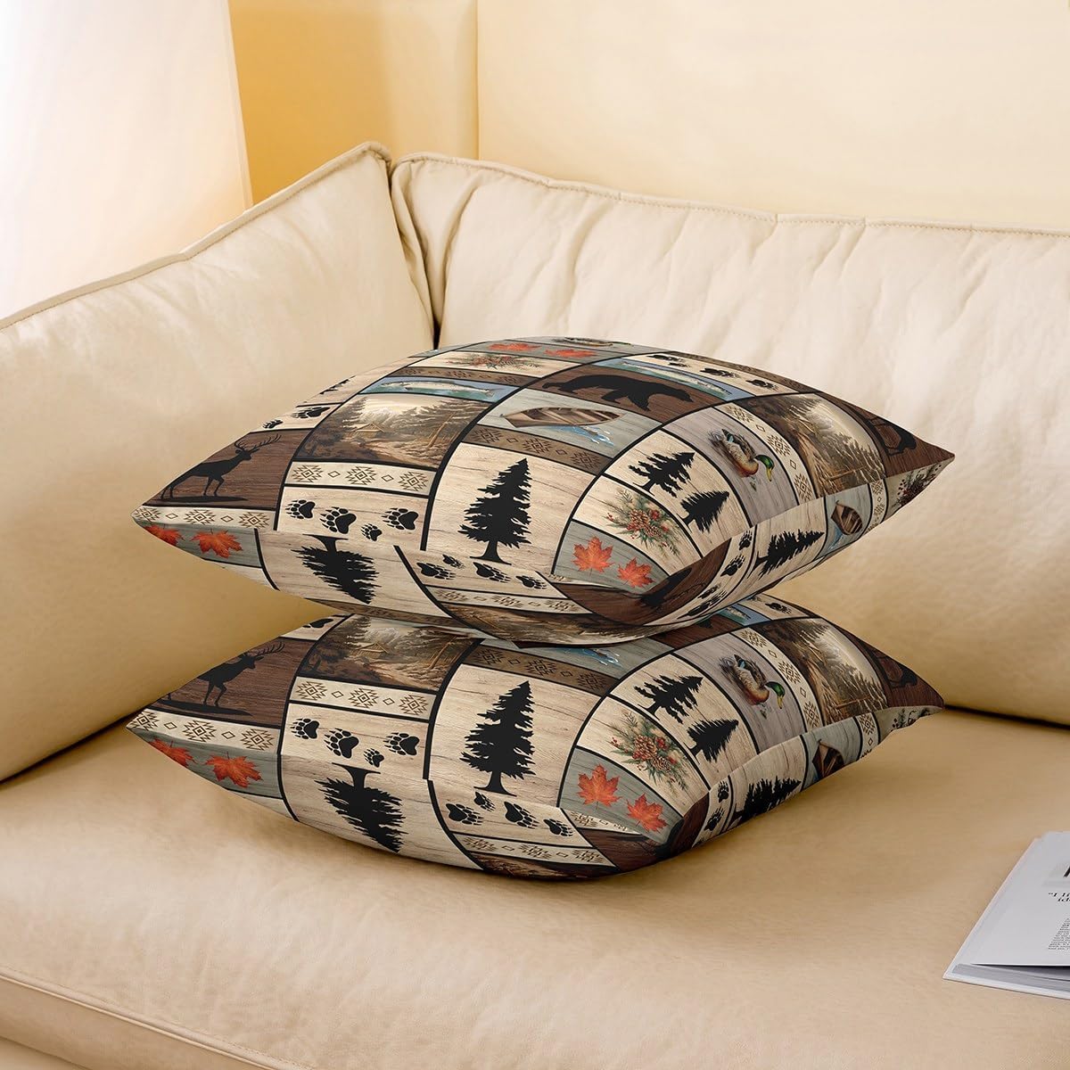 Fish Throw Pillow Covers 24"x24" Set of 2 Soft for Rustic Bear Decorative Throw Pillowcases Cabin Duck Printed Pillow Cases Cushion Covers Bedroom Cabin Country Wildlife Bear Plaid Cushion Cases