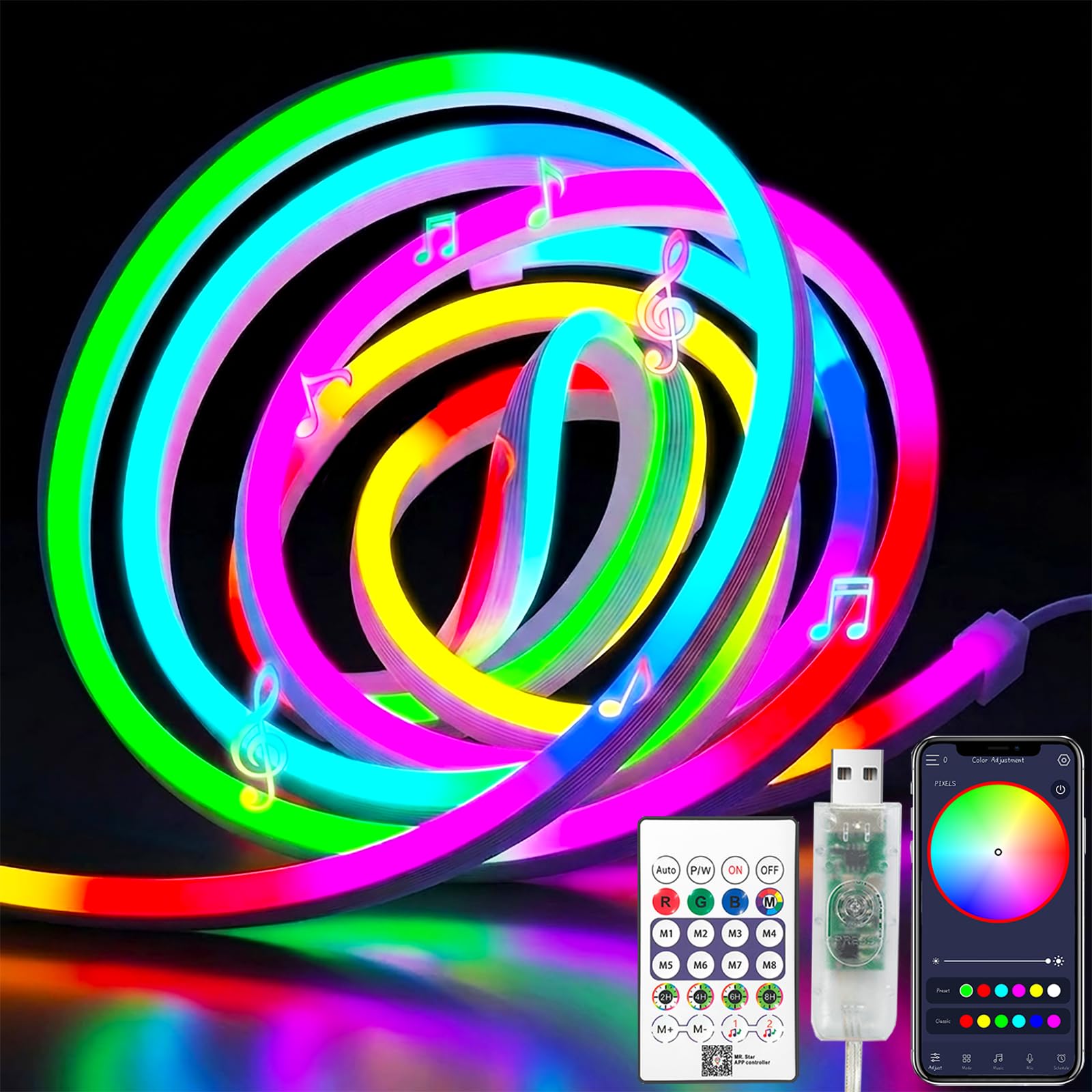 Neon LED Strip RGBIC 10M, 5V USB Tira LED Neon IP67 Impermeable | Recortable con Control APP Telemando, Sincronización de Música, Luces LED Exterior para Cocina, Juegos, Decoración de Paredes