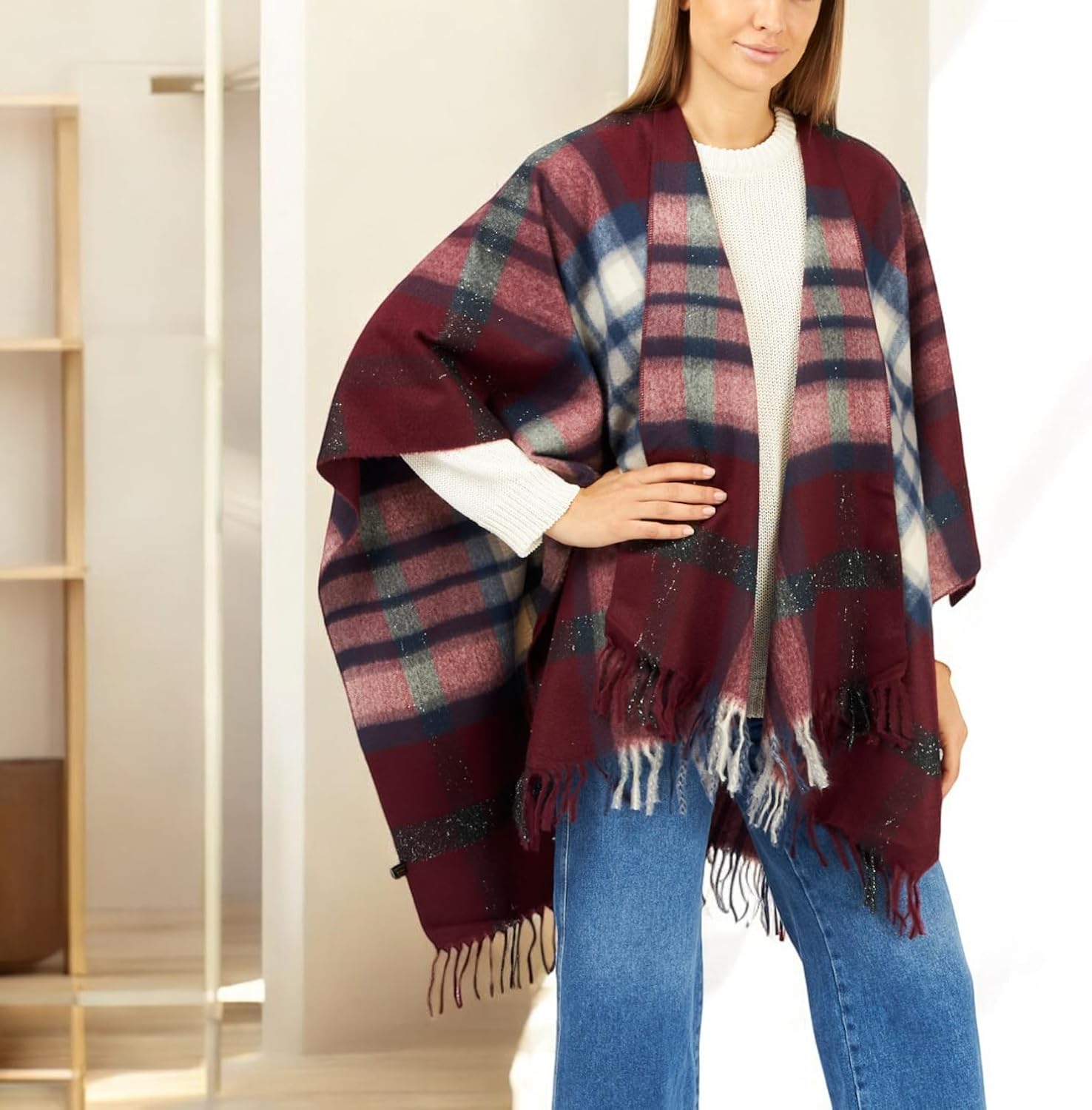 Women's Shawl Wrap Poncho Ruana Cape Cardigan Sweater Open Front for Fall Winter Spring - Image 4