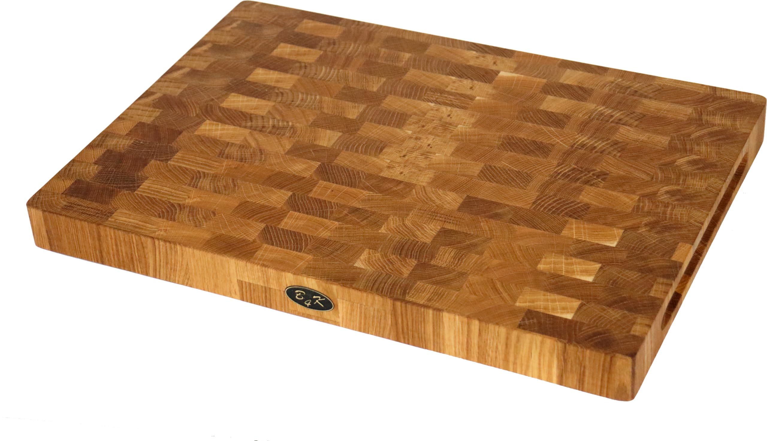 B4K® Planche à Découper en Chêne - 50 × 35 × 4 cm - Bloc de Hachage Massif - Bois de Bout Antibactérien avec Poignées et Pieds en Silicone - Parfaite pour la Cuisine, la Viande
