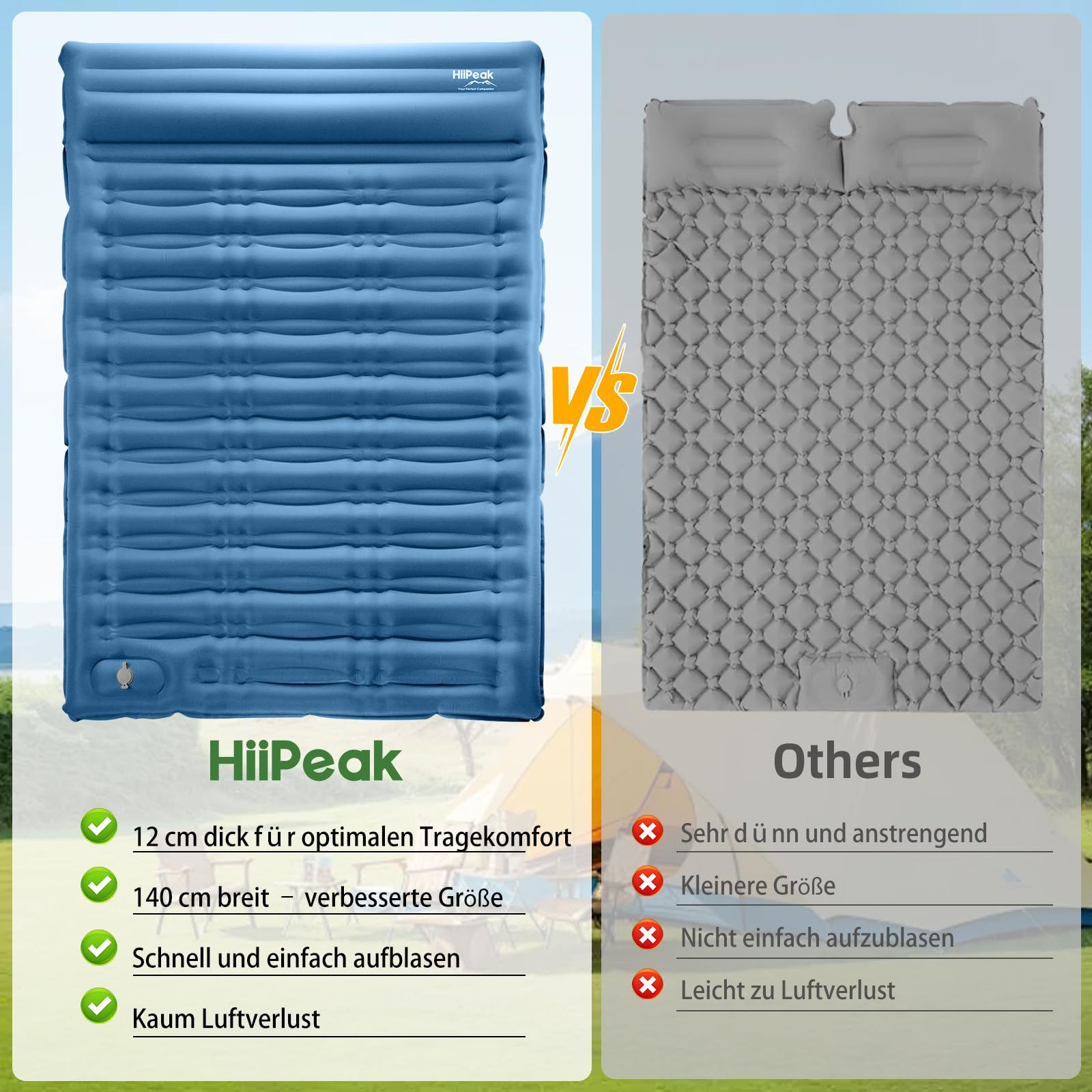 HiiPeak Ultraleichte Isomatte aufblasend - Luftmatratze Camping mit integrierter Fußpumpe & Kissen, 12cm Dicke Camping Matratze aufblasbare, Campingmatte - Schlafmatte - Luftzellenmatte