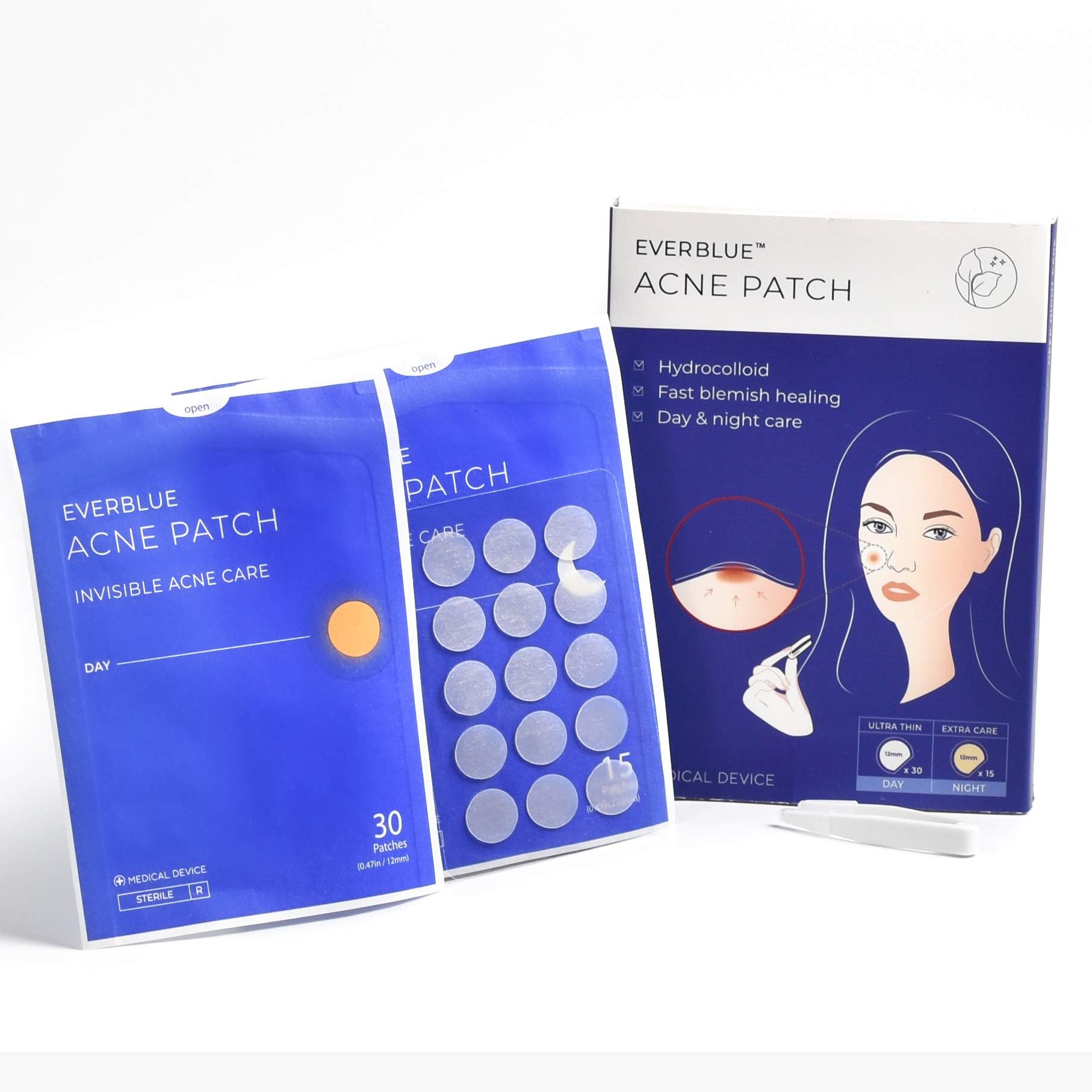 Everblue Pimple Patch 45pcs. Blemish and Pimple Care for Day and Night with Ultra Thin and Deep Hydrocolloid Patches.