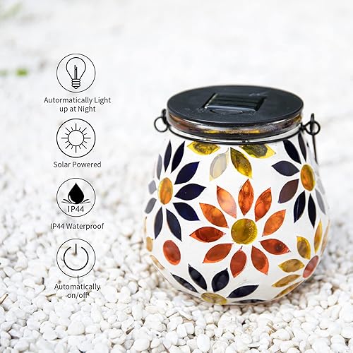 Miniatura 4 de Afirst Faroles solares de mosaico para exteriores, luces solares colgantes de cristal, ahuecadas, impermeables, lámpara de mesa decorativa al aire