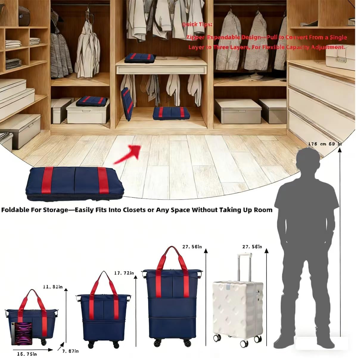 Travel Rolling Duffel Bag with Removable Wheels, Expandable Foldable Carry-on Luggage for Trip or Hospitalization, Red & Navy Blue, Backpack Style