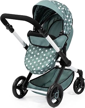 Bayer Doll Stroller Xeo - Convertible 2-in-1 Baby Doll Pram, Green Stars