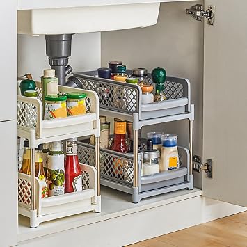 Under Sink Organizer and Storage, 2-Tier Pull Out Cabinet Organizers Shelf with Sliding Drawer, Metal Slide Out Drawer Rack for Kitchen, Bathroom White M